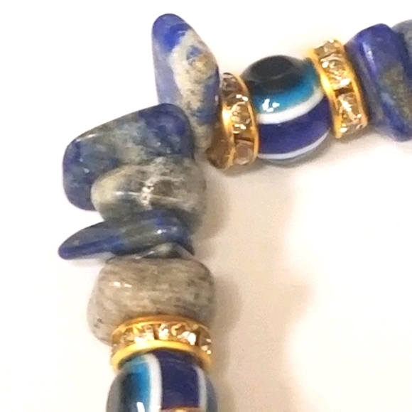 Evil Eye Natural Blue Stone beaded Bracelet with gold Rhinestone  New - Picture 6 of 7